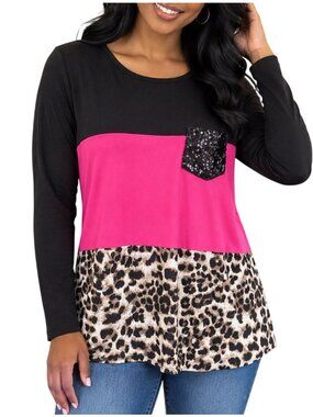 Heimish Size Medium Top Colorblock Leopard Long Sleeve Tunic Sequin Pocket